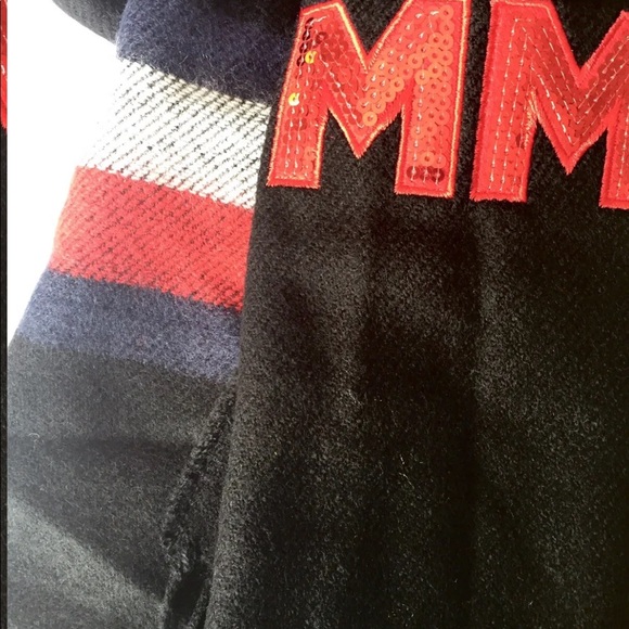 New Tommy Hilfiger Tommy Sequinned Scarf Black Red Fringed Winter - Picture 6 of 9